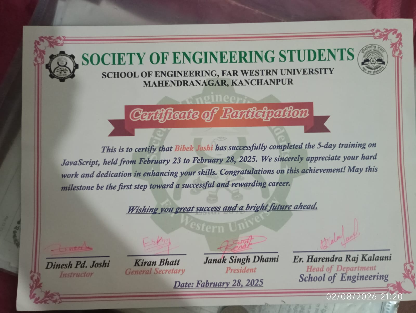 Javascript Workshop Certificate